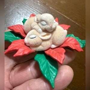 1990 Hallmark Gentle Dreamers Bunny Rabbit Clip on Christmas Ornament Poinsettia